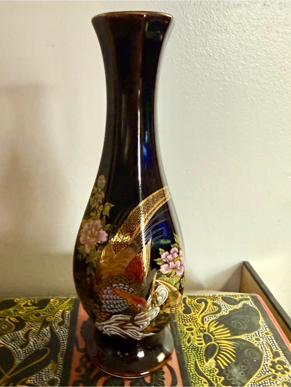 Vintage Japanese Brown Porcelain Vase Gold Gilded Pheasant Floral Design - Picture 2 of 9